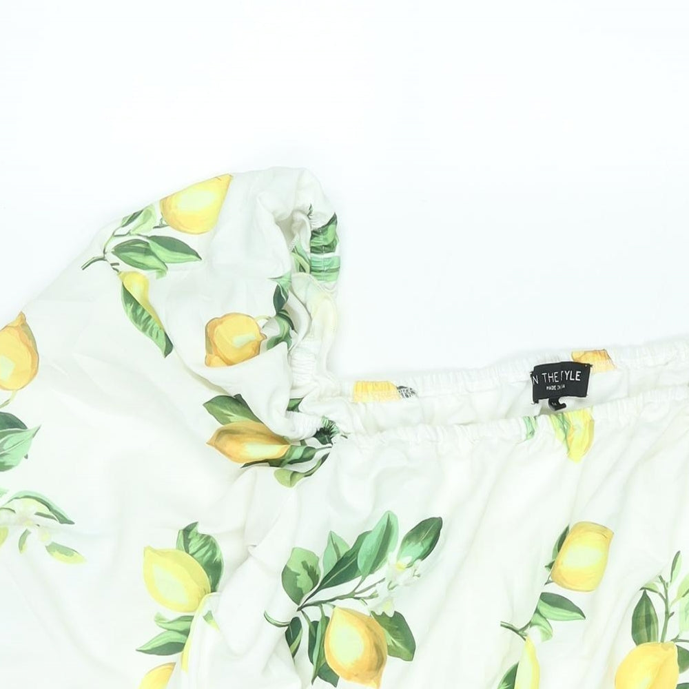 In the Style Womens White Geometric Polyester A-Line Size 14 Square Neck Pullover - Smocked Frill Lemon Print