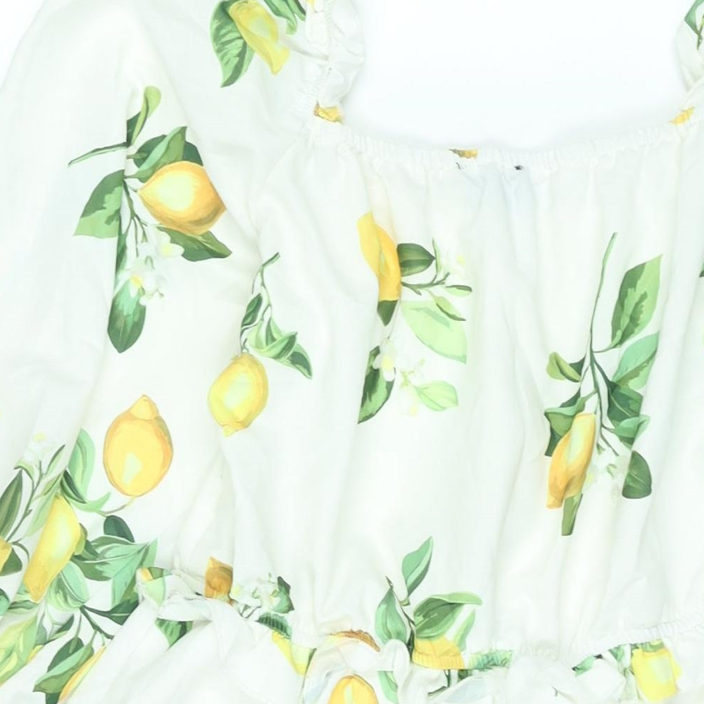 In the Style Womens White Geometric Polyester A-Line Size 14 Square Neck Pullover - Smocked Frill Lemon Print