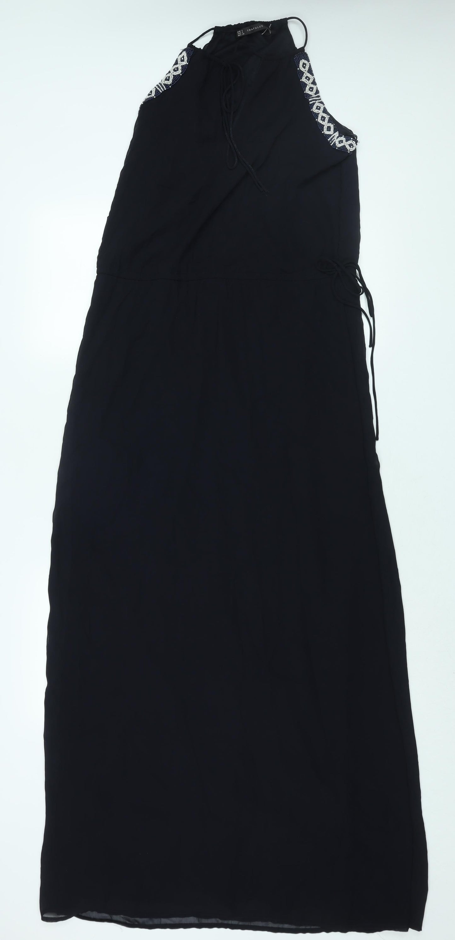 Zara Womens Blue Polyester Maxi Size S Round Neck Tie - Beaded Neckline