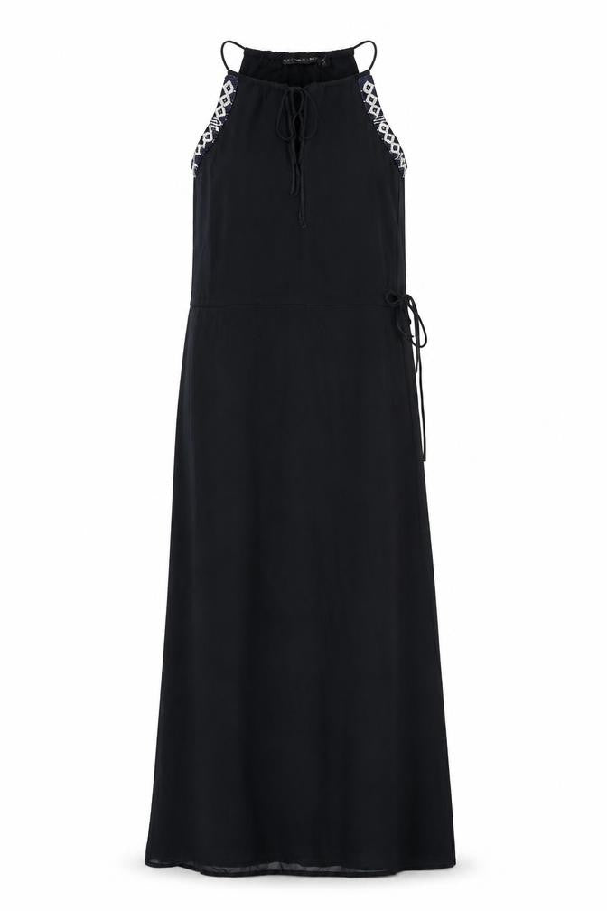 Front view of Zara women’s blue polyester maxi, size S, round neck tie - beaded neckline