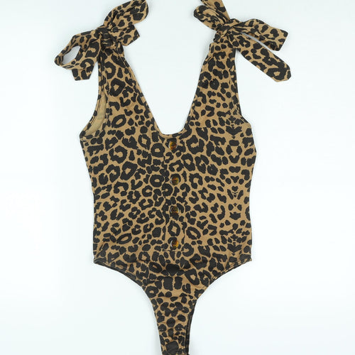 PRETTYLITTLETHING Womens Brown Polyester Bodysuit One-Piece Size 10 Pullover - Leopard Print Tie Button Detail