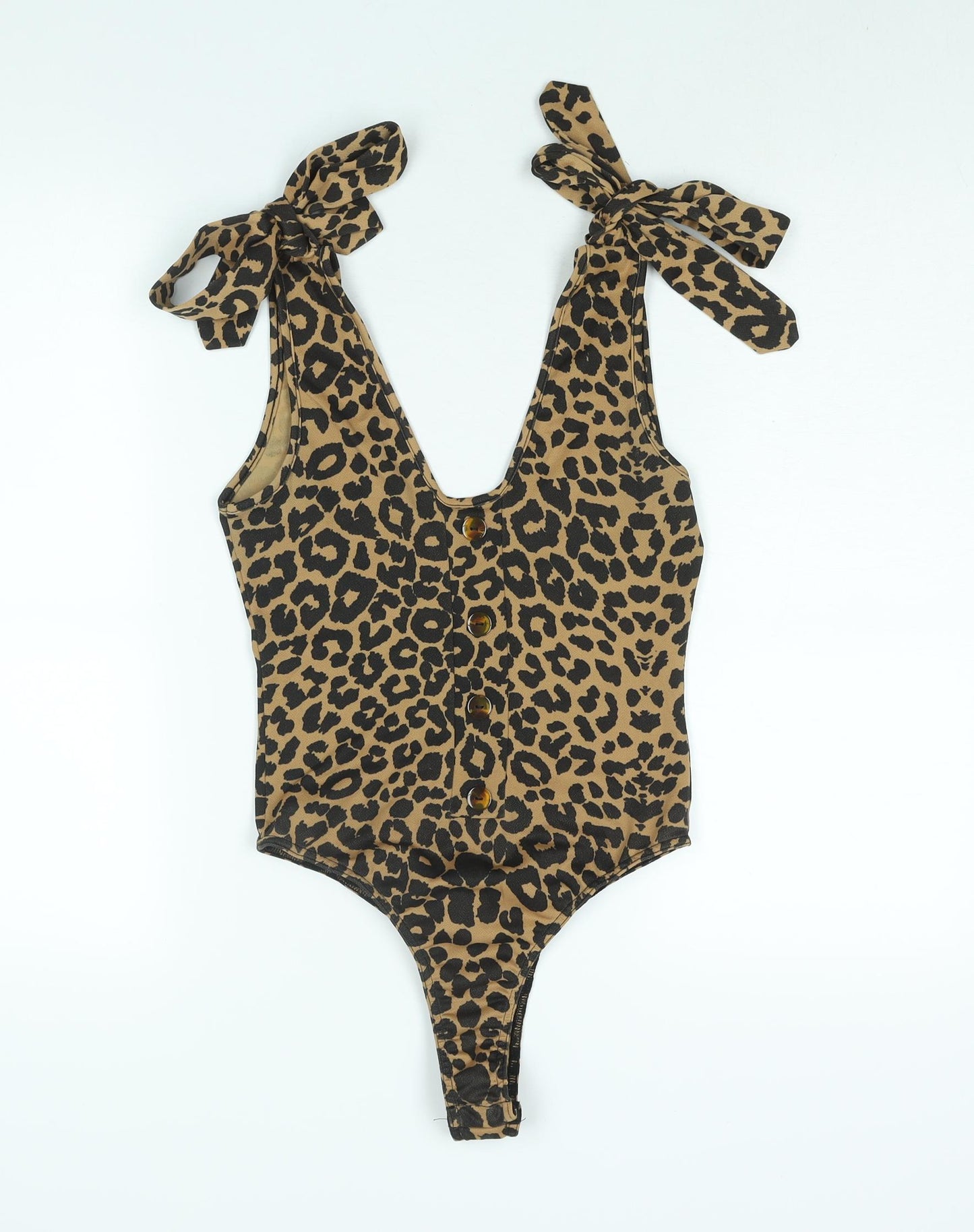 PRETTYLITTLETHING Womens Brown Polyester Bodysuit One-Piece Size 10 Pullover - Leopard Print Tie Button Detail