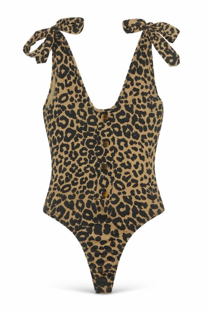 Front view of PRETTYLITTLETHING women’s brown polyester bodysuit one-piece, pullover - leopard print tie button detail