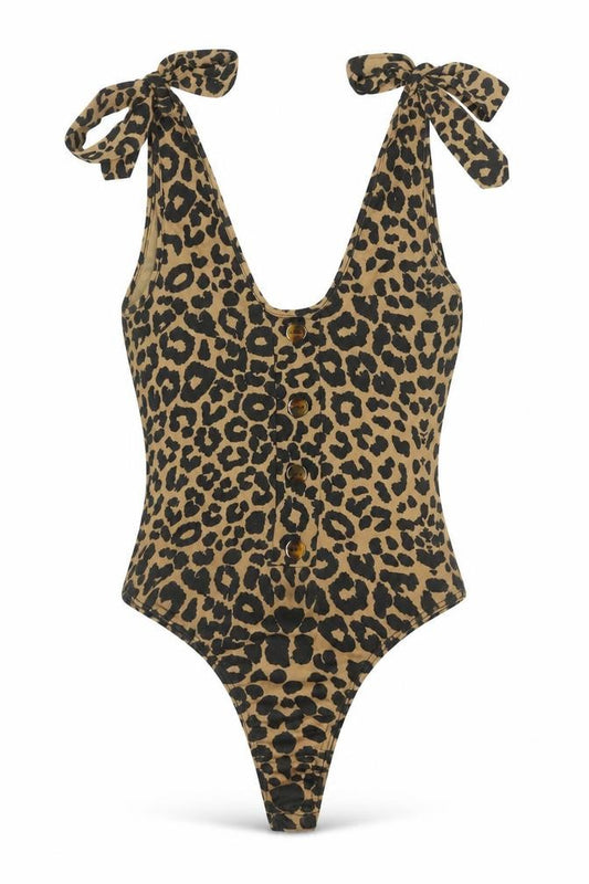 Front view of PRETTYLITTLETHING women’s brown polyester bodysuit one-piece, pullover - leopard print tie button detail