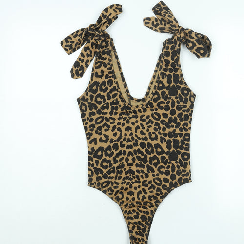 PRETTYLITTLETHING Womens Brown Polyester Bodysuit One-Piece Size 10 Pullover - Leopard Print Tie Button Detail