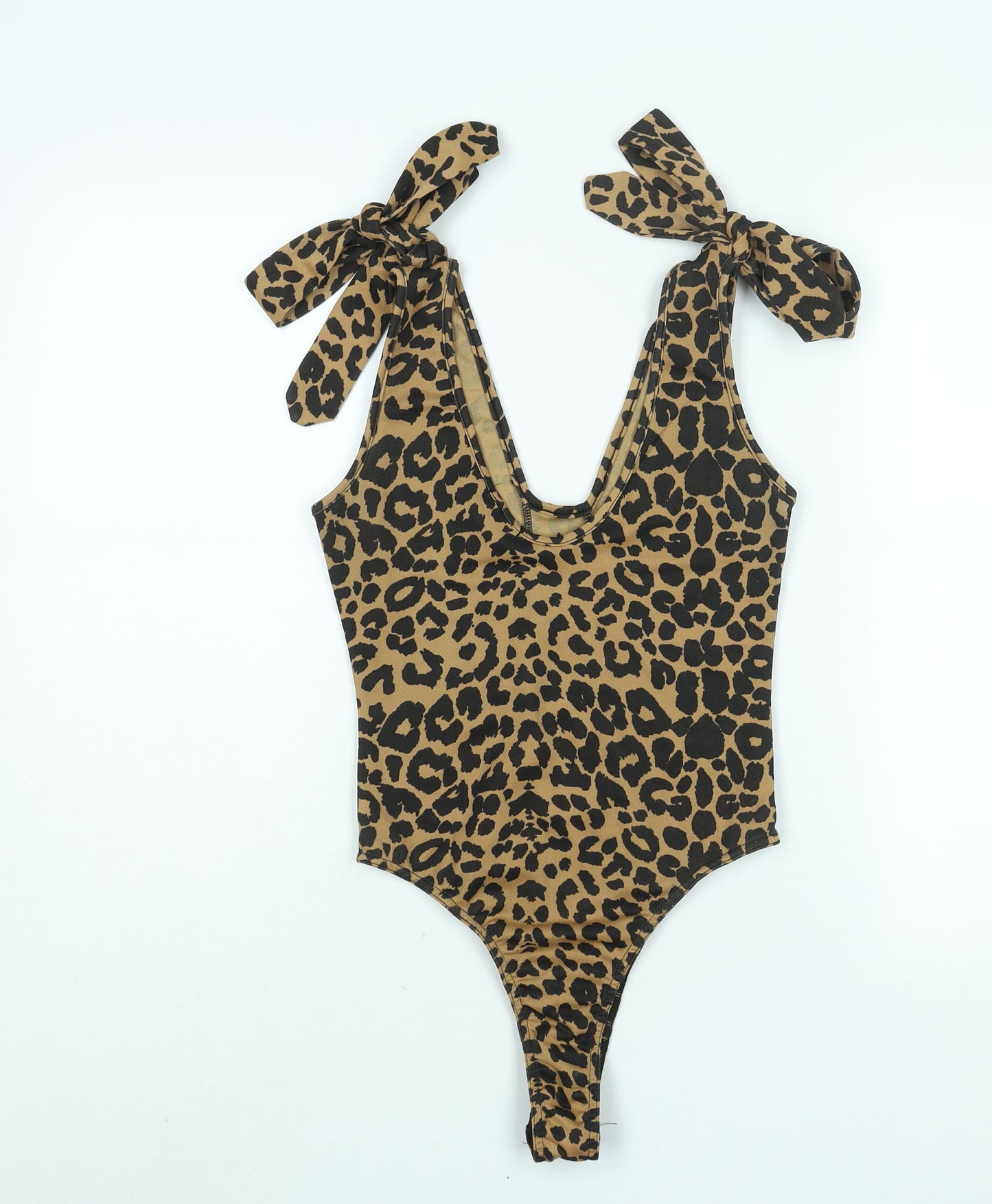 PRETTYLITTLETHING Womens Brown Polyester Bodysuit One-Piece Size 10 Pullover - Leopard Print Tie Button Detail