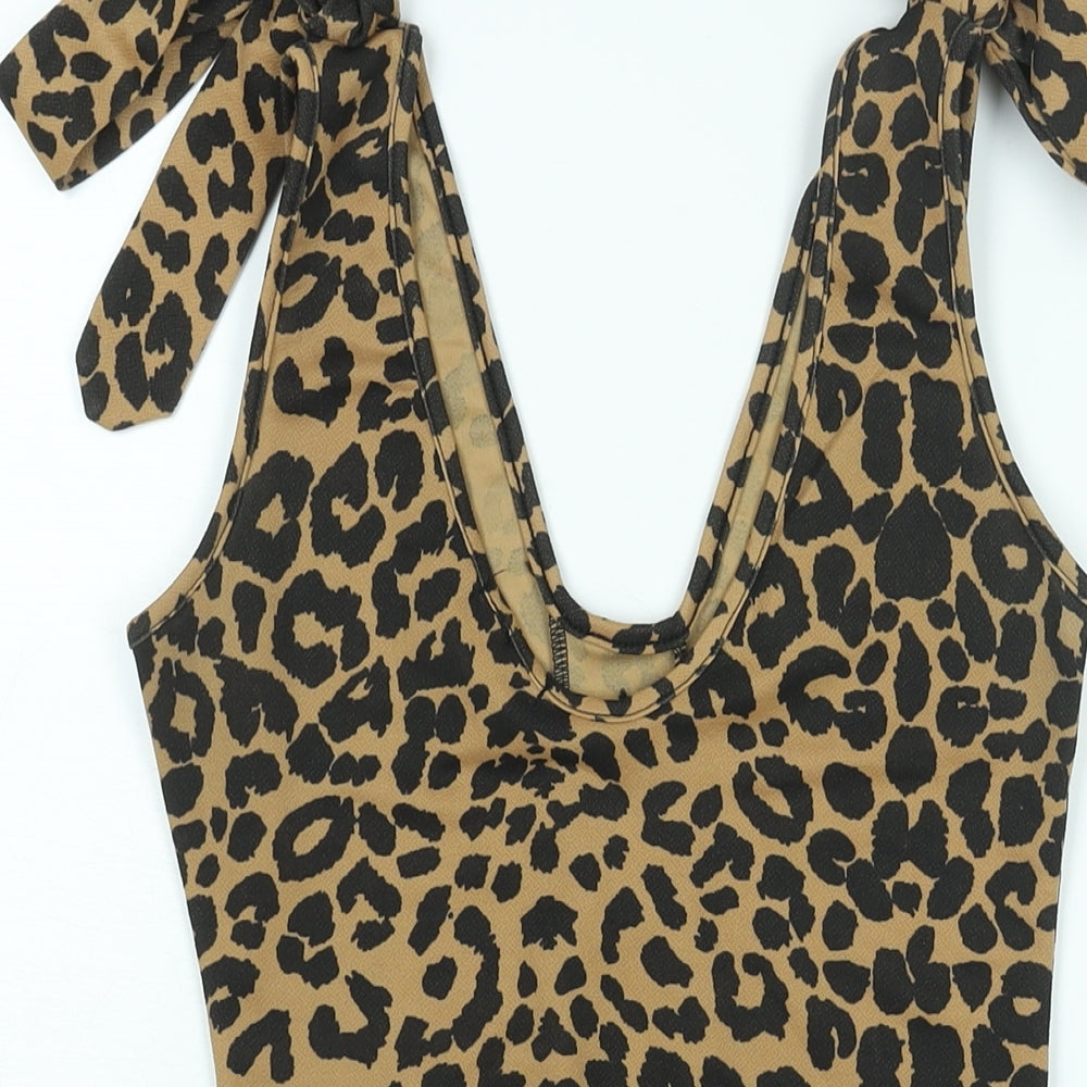 PRETTYLITTLETHING Womens Brown Polyester Bodysuit One-Piece Size 10 Pullover - Leopard Print Tie Button Detail