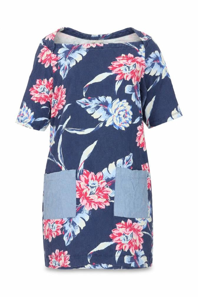 Front view of Gap women’s blue floral cotton mini, size S, boat neck pullover - pockets