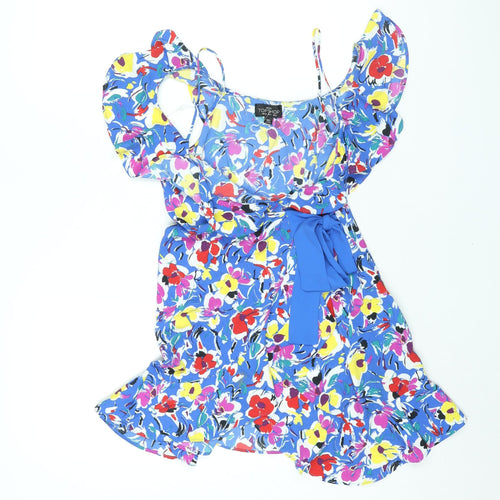 Topshop Womens Blue Floral Polyester Wrap Dress Size 4 V-Neck Button - Frill Cold Shoulder