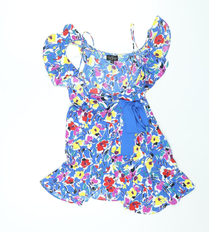 Topshop Womens Blue Floral Polyester Wrap Dress Size 4 V-Neck Button - Frill Cold Shoulder