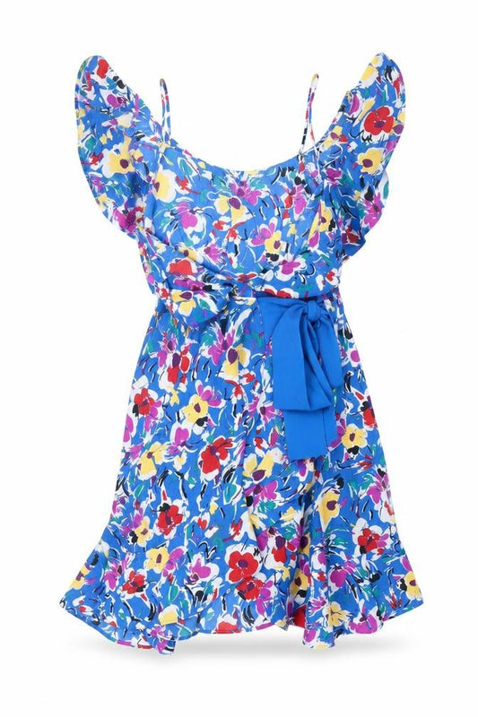 Front view of Topshop women’s blue floral polyester wrap dress, size UK 4, v-neck button - frill cold shoulder