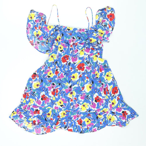 Topshop Womens Blue Floral Polyester Wrap Dress Size 4 V-Neck Button - Frill Cold Shoulder