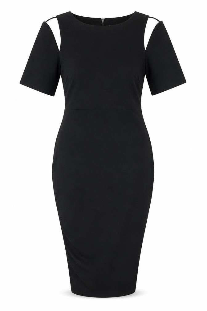Front view of ASOS women’s black polyester bodycon, size UK 10, round neck zip - cut out