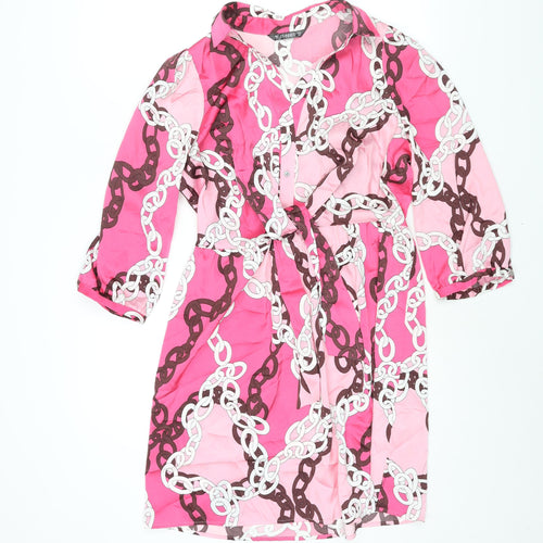 Dunnes Stores Womens Pink Geometric Polyester Shirt Dress Size M Collared Button - Tie Detail Chain Print