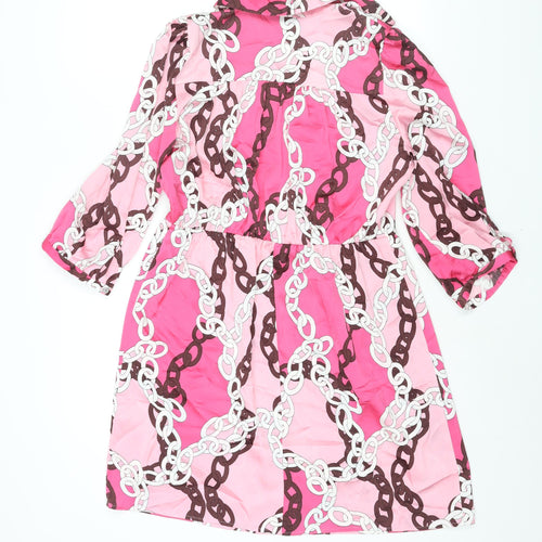 Dunnes Stores Womens Pink Geometric Polyester Shirt Dress Size M Collared Button - Tie Detail Chain Print