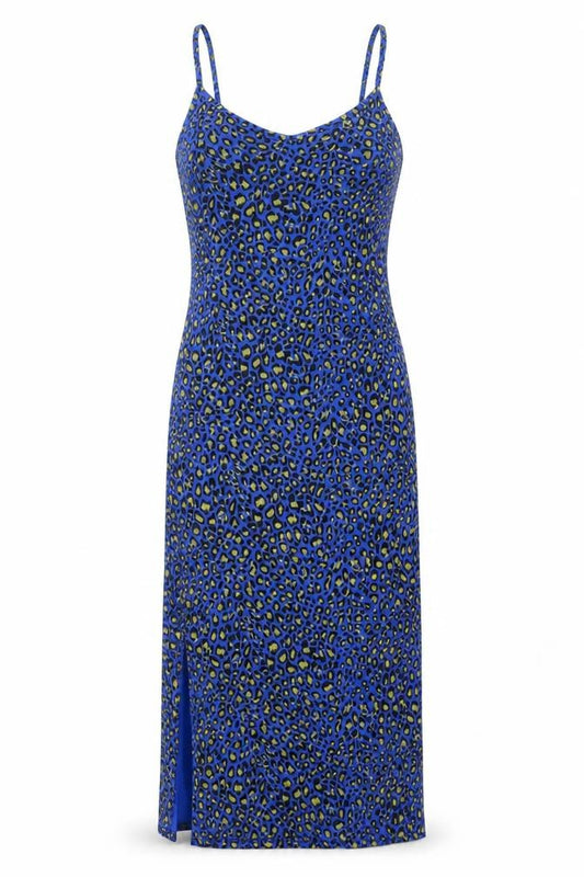 Front view of PRETTYLITTLETHING women’s blue animal print polyester tank dress, v-neck pullover - side slits leopard print