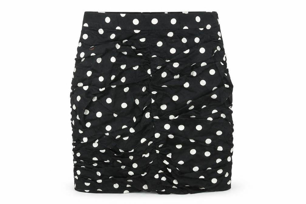 Front view of Stradivarius women’s black polka dot polyester mini skirt, size S, zip - rouched