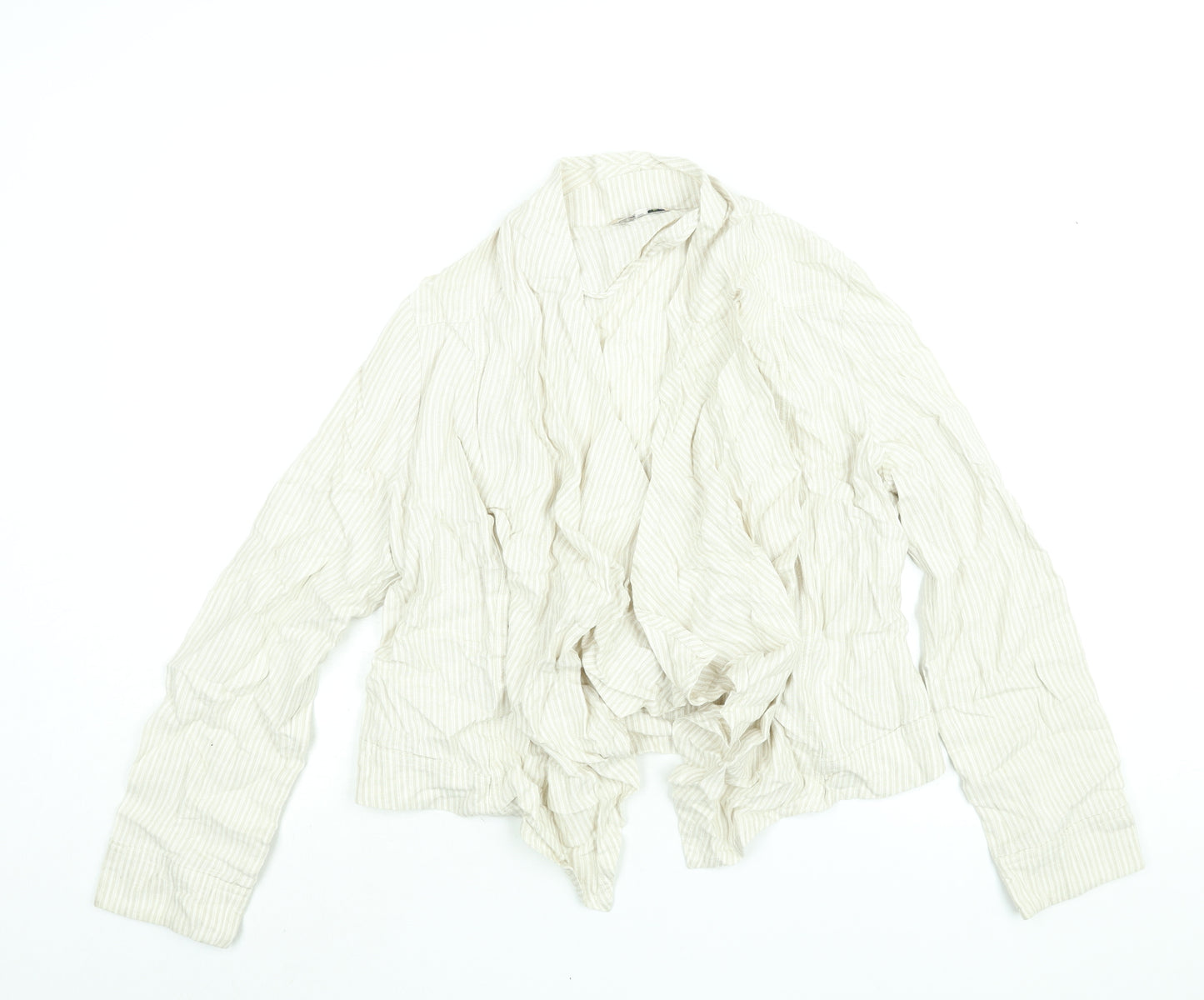 Marks and Spencer Womens Beige Striped Linen Kimono Blouse Size 14 V-Neck - Waterfall Front