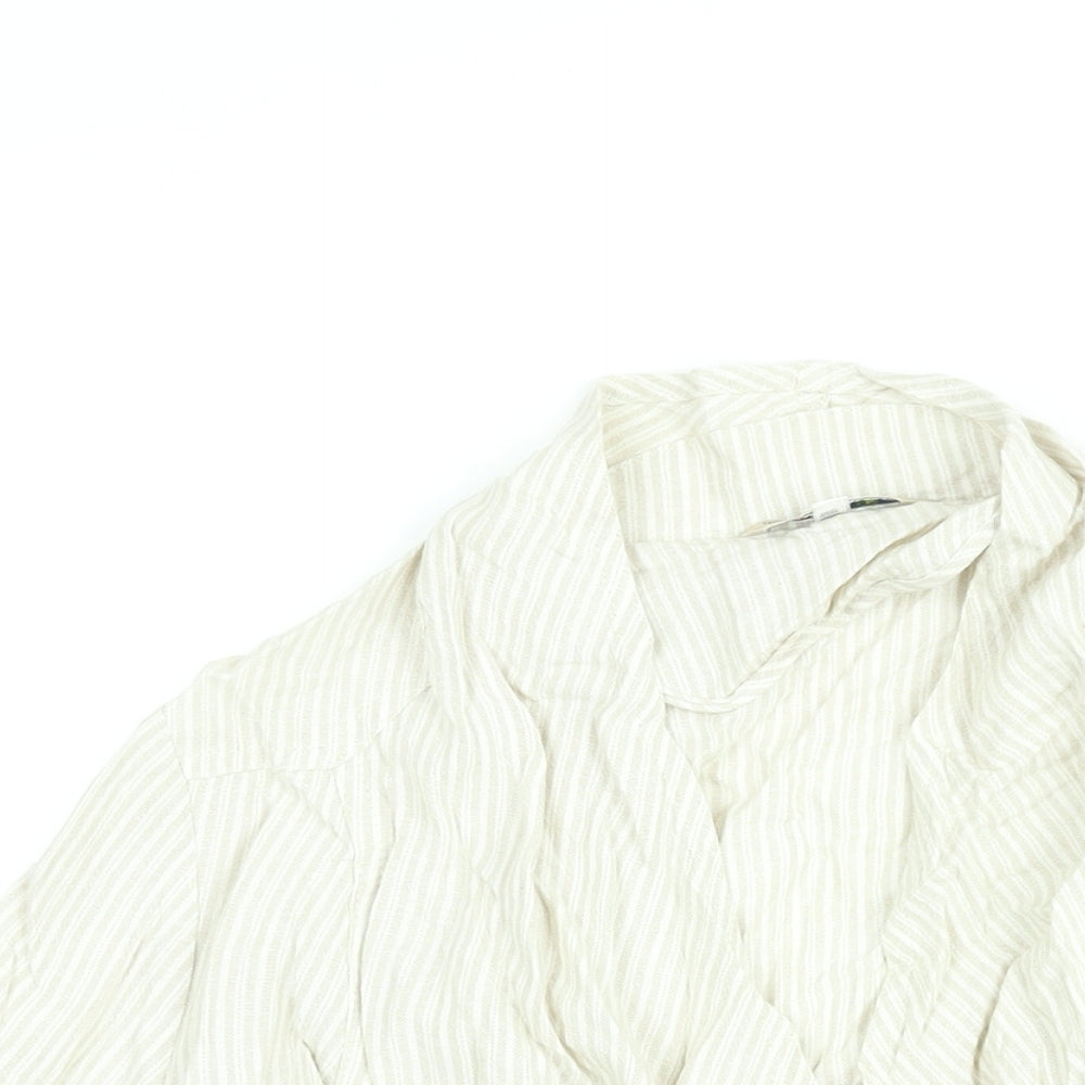Marks and Spencer Womens Beige Striped Linen Kimono Blouse Size 14 V-Neck - Waterfall Front