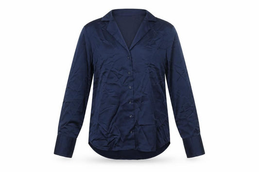 Front view of Marks & Spencer women’s blue polyester basic button-up, size UK 10, collared