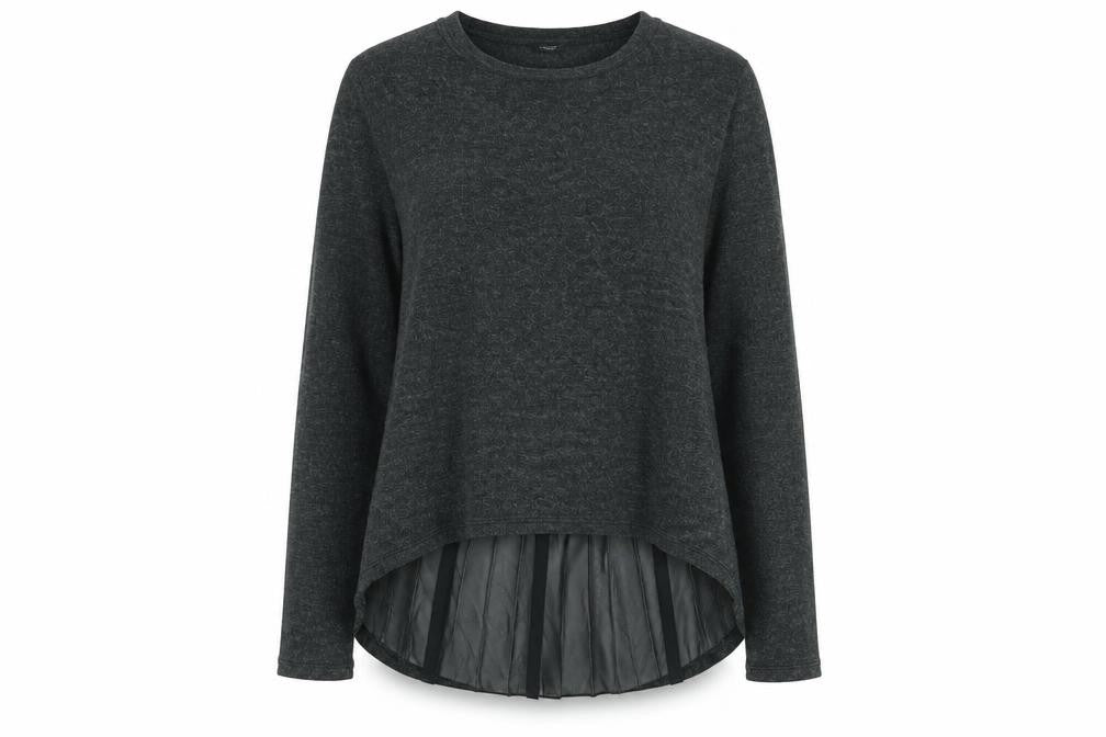 Front view of Rinascimento women’s grey round neck acrylic jumper, size S, - pleated back bow