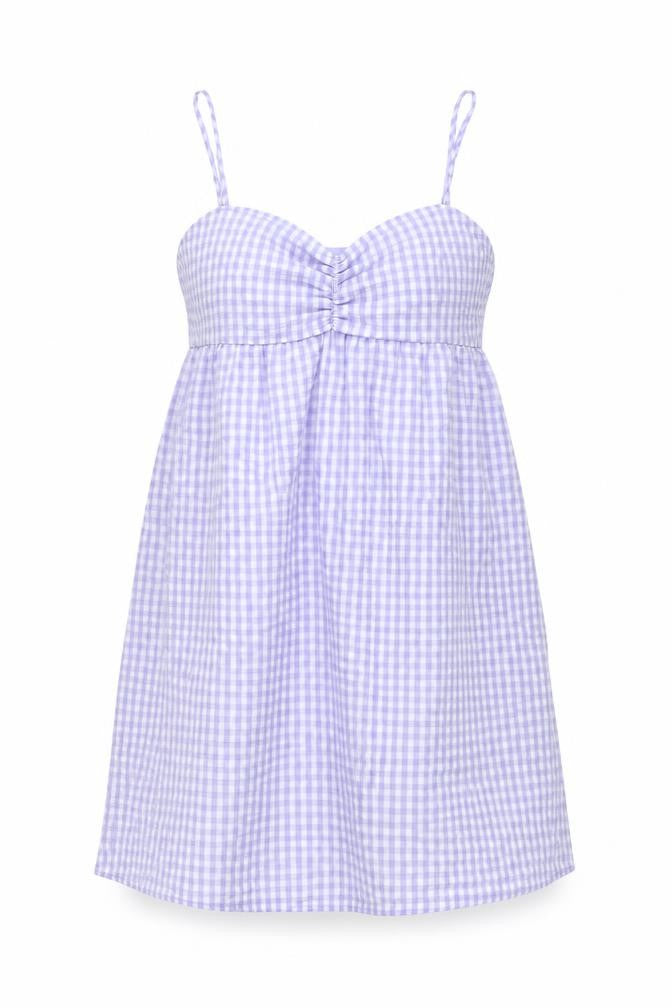 Front view of Divided by H&M women’s purple gingham polyester a-line, size UK 12, sweetheart zip
