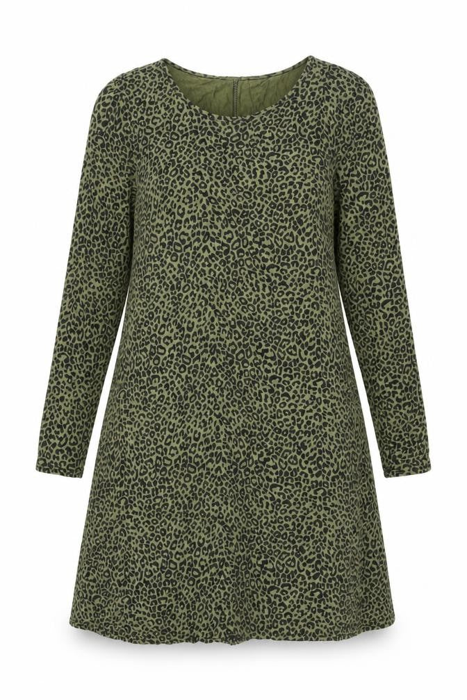 Front view of Capsule women’s green animal print viscose shift, size UK 12, round neck pullover - leopard print