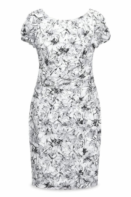 Front view of Roman women’s grey floral polyester bodycon, size UK 12, boat neck pullover - rouched
