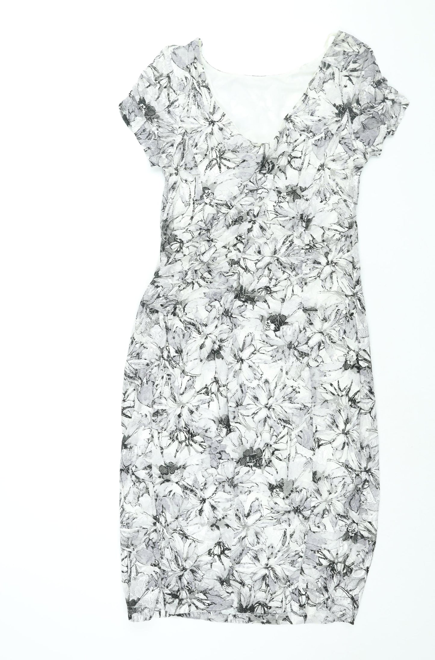 Roman Womens Grey Floral Polyester Bodycon Size 12 Boat Neck Pullover - Rouched