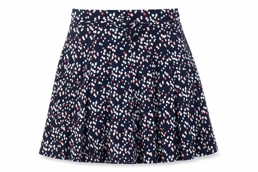Front view of Bonmarché women’s blue geometric polyester flare skirt, size UK 16, - belted