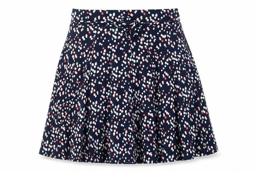 Front view of Bonmarché women’s blue geometric polyester flare skirt, size UK 16, - belted