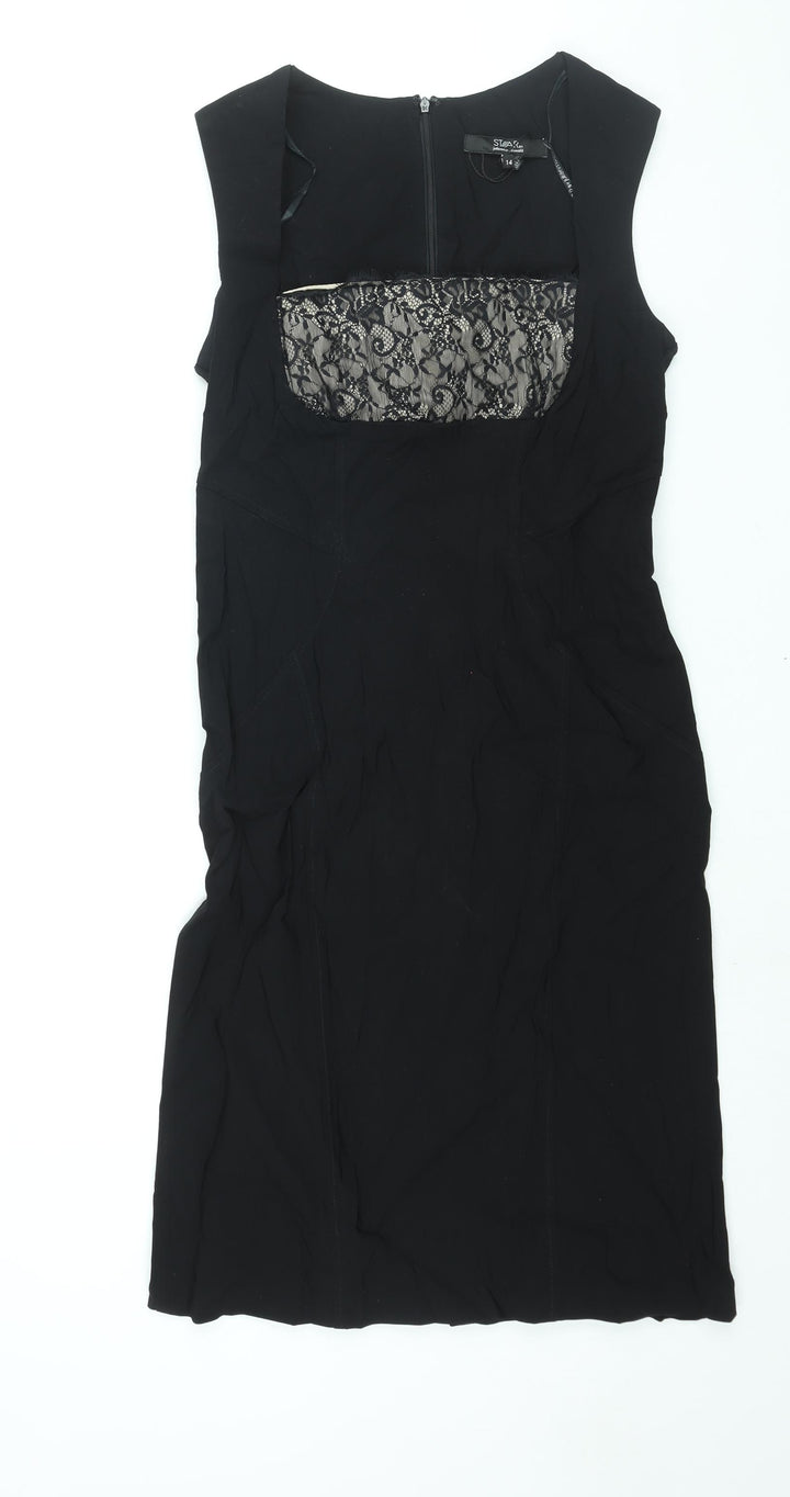 Julien Macdonald Womens Black Viscose Shift Size 14 Square Neck Zip - Lace Detail