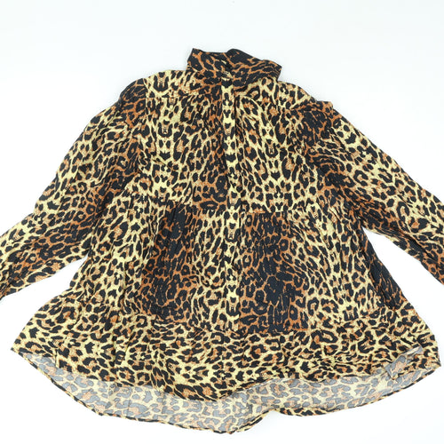 Topshop Womens Brown Animal Print Cotton Shirt Dress Size 6 Collared Button - Smocked Leopard Print