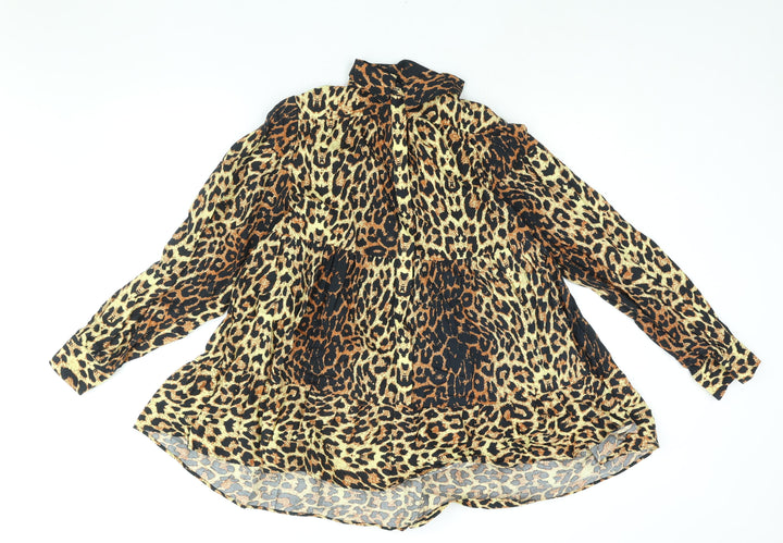 Topshop Womens Brown Animal Print Cotton Shirt Dress Size 6 Collared Button - Smocked Leopard Print