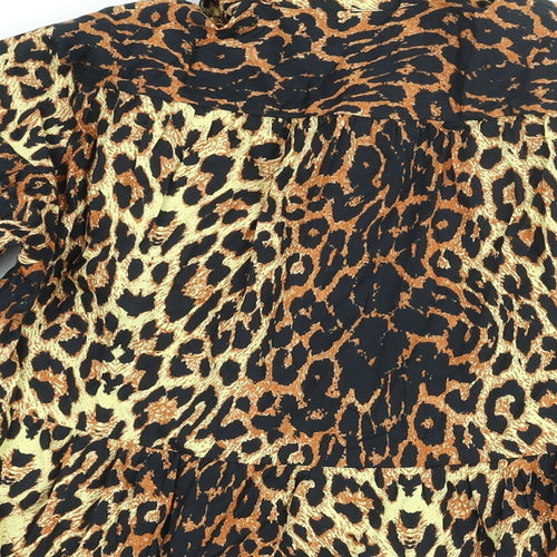 Topshop Womens Brown Animal Print Cotton Shirt Dress Size 6 Collared Button - Smocked Leopard Print