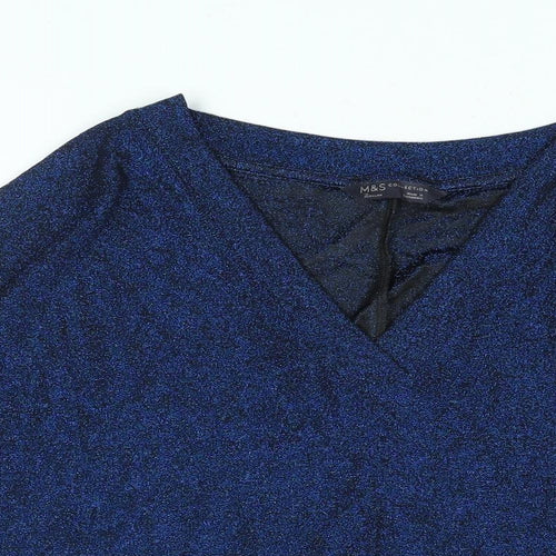 Marks and Spencer Womens Blue Polyester Basic Blouse Size 12 V-Neck - Glitter
