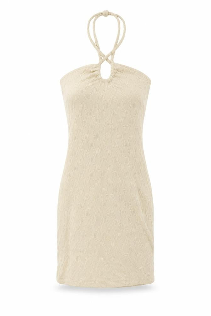 Front view of Divided by H&M women’s beige polyester mini, size XS, halter tie