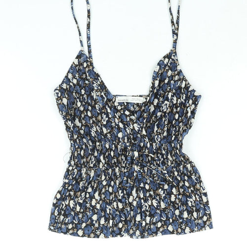 Pull&Bear Womens Blue Geometric Polyester Camisole Blouse Size M V-Neck - Peplum Tie