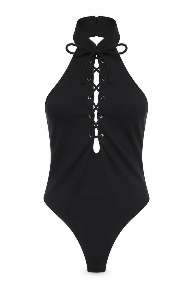Front view of Missguided women’s black polyester bodysuit one-piece, size UK 8, button - lace up