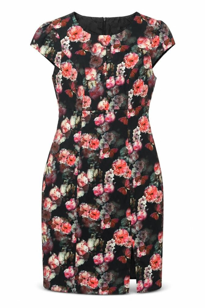 Front view of Red Herring women’s multicoloured floral polyester shift, size UK 14, roll neck zip - keyhole neck