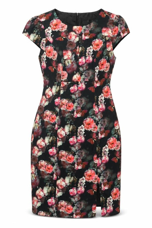 Front view of Red Herring women’s multicoloured floral polyester shift, size UK 14, roll neck zip - keyhole neck