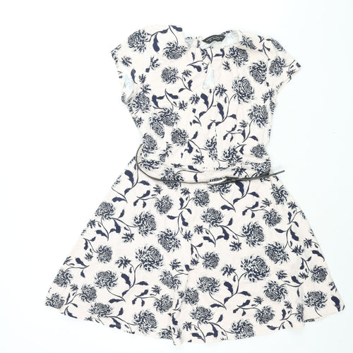 Dorothy Perkins Womens Pink Floral Cotton Fit & Flare Size 12 Round Neck Button - Belted