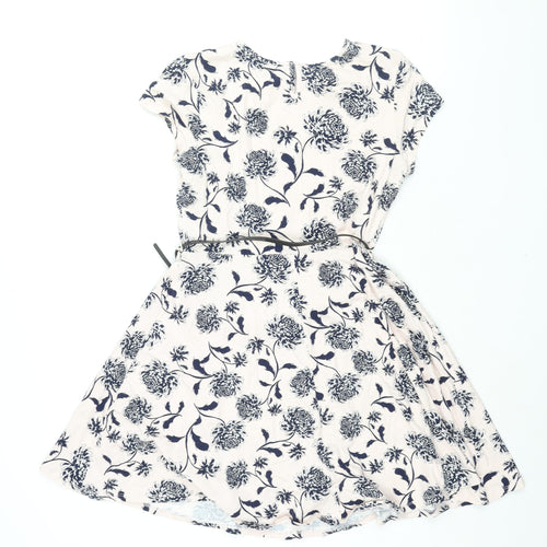 Dorothy Perkins Womens Pink Floral Cotton Fit & Flare Size 12 Round Neck Button - Belted