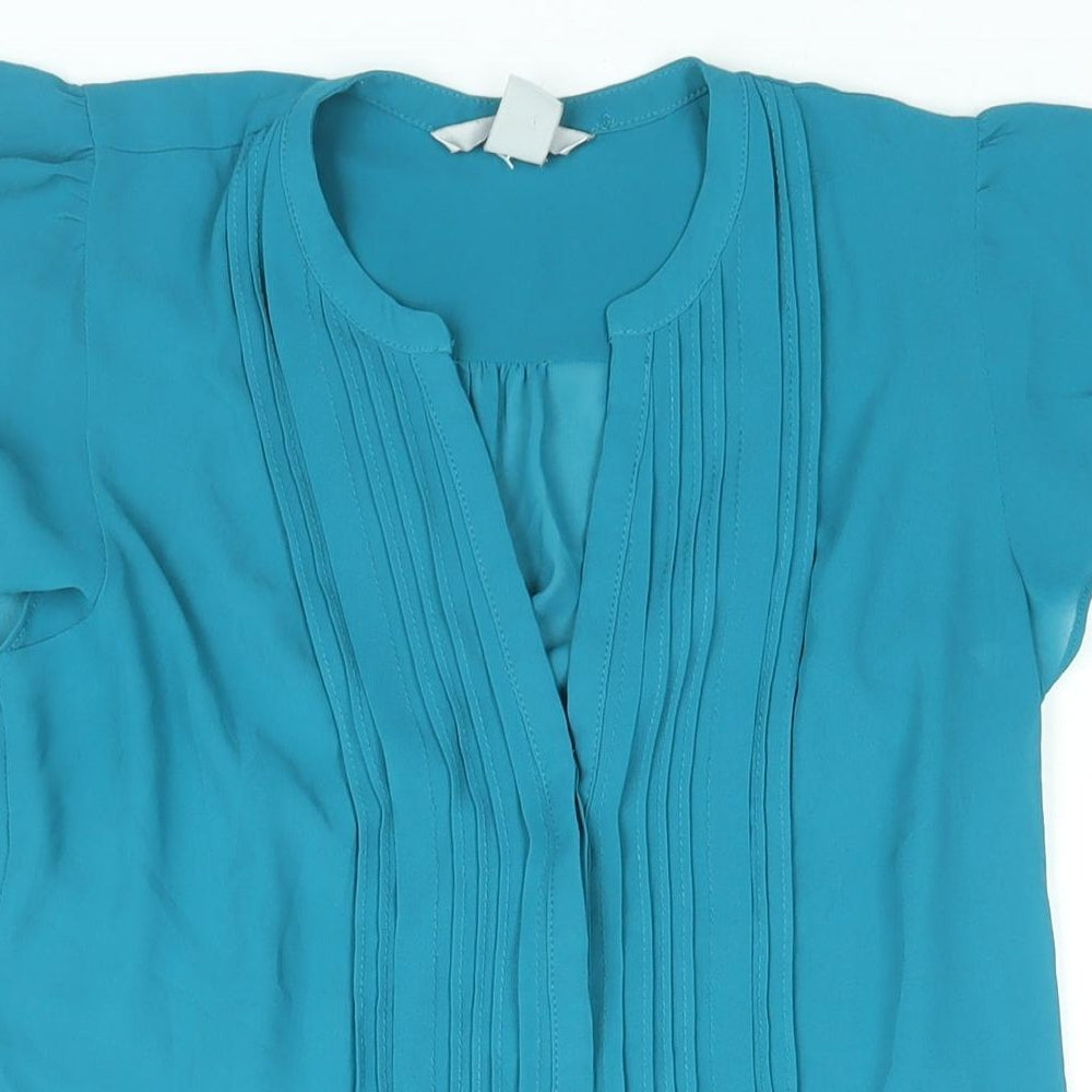 H&M Womens Blue Polyester Basic Button-Up Size 10 V-Neck