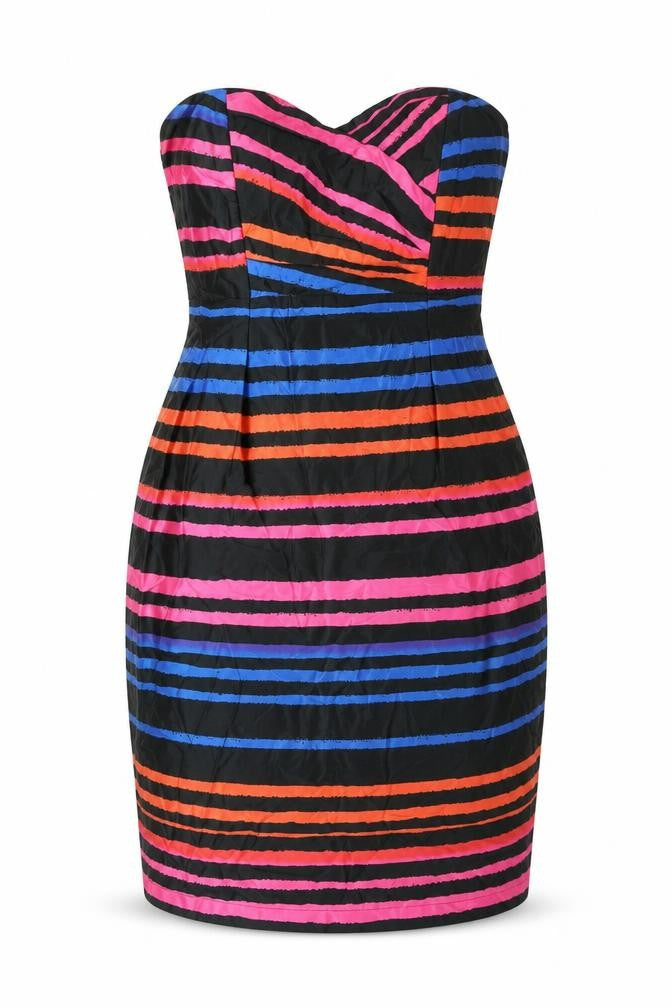 Front view of H&M women’s multicoloured striped polyester mini, size UK 8, sweetheart zip