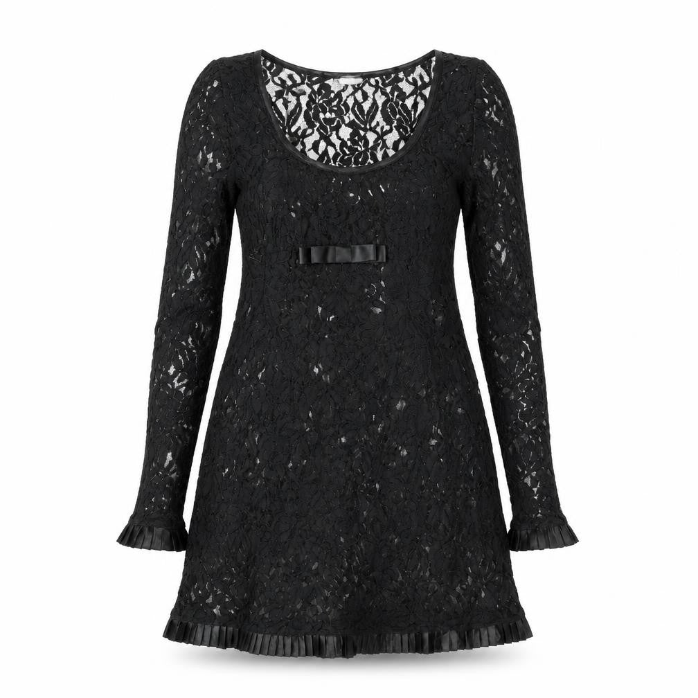 Front view of River Island women’s black polyester a-line, size UK 8, round neck pullover - pleated frill bow