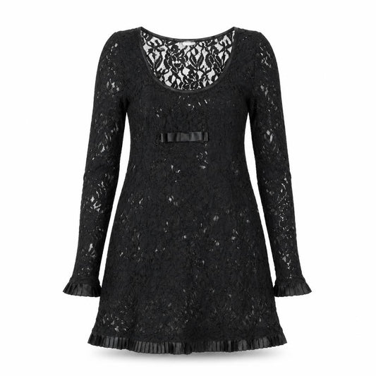 Front view of River Island women’s black polyester a-line, size UK 8, round neck pullover - pleated frill bow