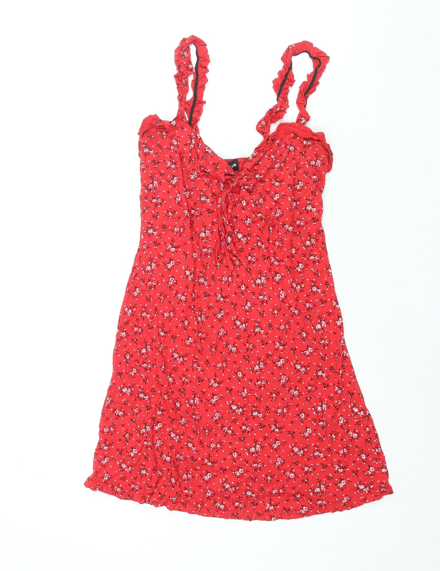 PRETTYLITTLETHING Womens Red Floral Viscose Mini Size 12 Sweetheart Lace Up - Frill