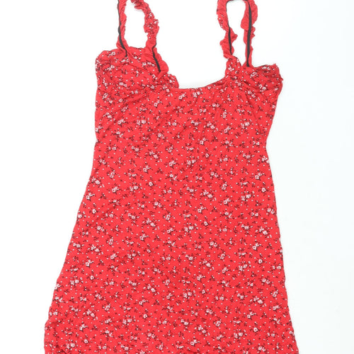 PRETTYLITTLETHING Womens Red Floral Viscose Mini Size 12 Sweetheart Lace Up - Frill