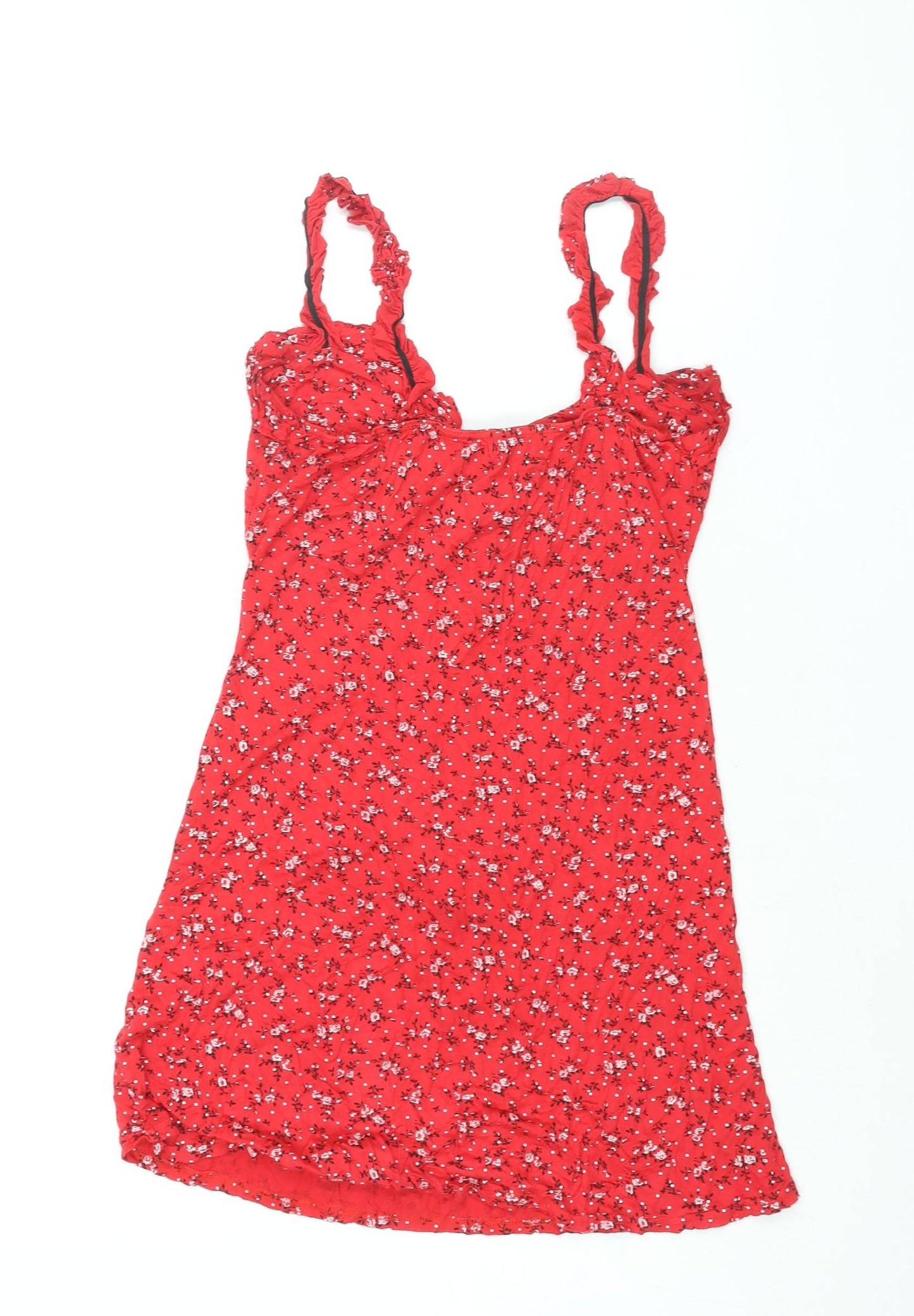 PRETTYLITTLETHING Womens Red Floral Viscose Mini Size 12 Sweetheart Lace Up - Frill